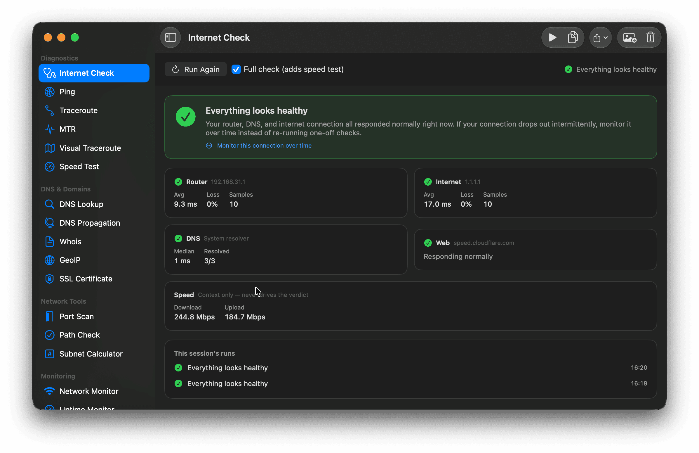Netutilus Internet Check showing a healthy verdict with router, internet, DNS and web results