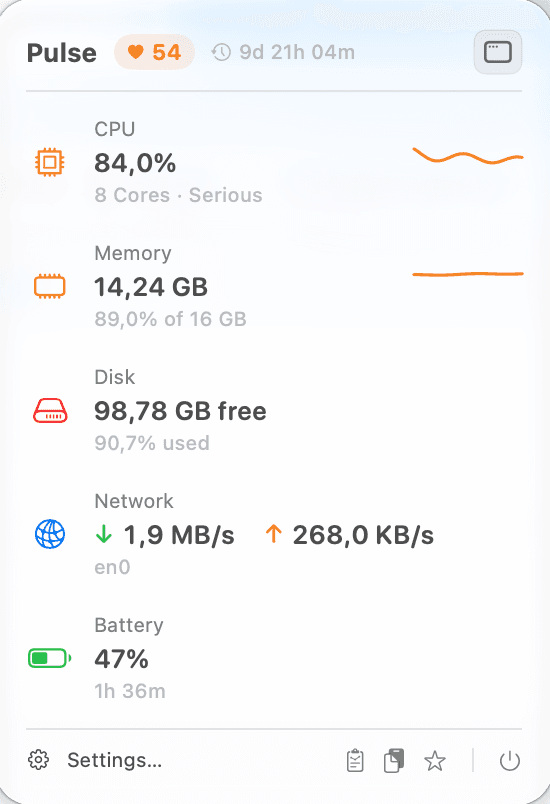 The Pulse menu bar popover showing system health, CPU, memory, disk, network and battery